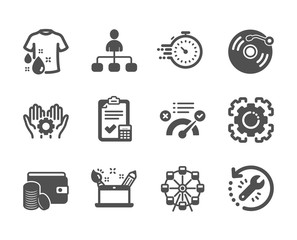 Set of Business icons, such as Employee hand, Vinyl record, Management, Ferris wheel, Payment method, Accounting checklist, Wash t-shirt, Creativity concept, Timer, Correct answer. Vector