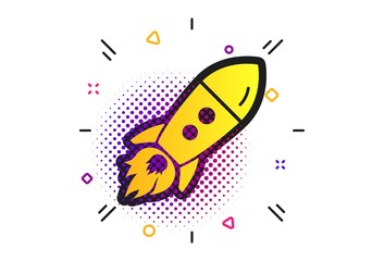 Start up icon. Halftone dots pattern. Startup business rocket sign. Classic flat startup icon. Vector