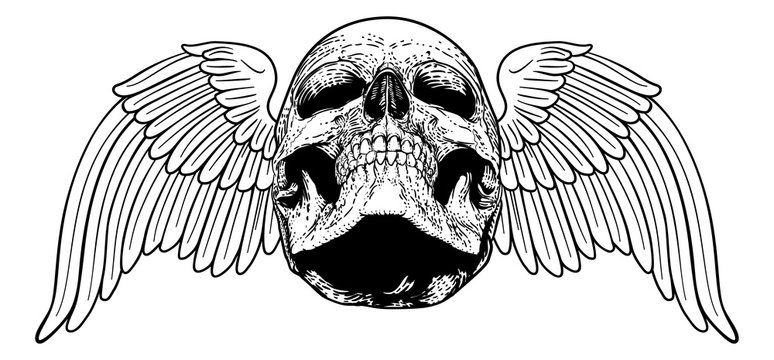 A winged skull graphic. Original illustration in a vintage engraving woodcut etching style.