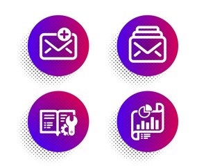 New mail, Mail and Engineering documentation icons simple set. Halftone dots button. Report document sign. Add e-mail, New messages, Manual. Growth chart. Education set. Vector