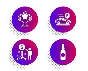 Victory, Income money and Car parking icons simple set. Halftone dots button. Beer bottle sign. Championship prize, Wealth, Transport place. Craft beer. Business set. Classic flat victory icon. Vector