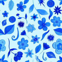 Obraz premium Seamless pattern of blue flowers, leaves and stems hand-drawn on a light blue BG. Illustration created in gouache in blue tones. Can be used as print, packaging, web background, decor for greeting 