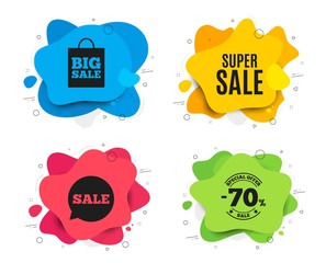 Super Sale. Liquid shape, various colors. Special offer price sign. Advertising Discounts symbol. Geometric vector banner. Super sale text. Gradient shape badge. Vector