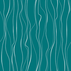Wavy line pattern. Hand drawn stripes. Hand painted improvised white lines against sea wave color.