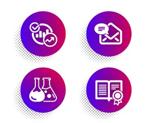 Chemistry lab, Statistics and New mail icons simple set. Halftone dots button. Diploma sign. Laboratory, Report charts, Received e-mail. Document with badge. Education set. Vector