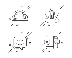Fototapeta premium Augmented reality, Smile chat and Arena stadium line icons set. Smartphone sms sign. Virtual reality, Happy face, Sport complex. Mobile messages. Line augmented reality outline icon. Vector