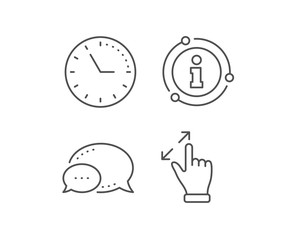 Touchscreen gesture line icon. Chat bubble, info sign elements. Zoom in sign. Action arrows symbol. Linear touchscreen gesture outline icon. Information bubble. Vector