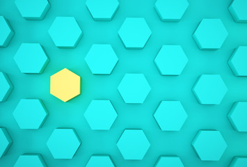 Abstract photo of ourstanding yellow beehive-like hexagons among blue hexagons on blue background. minimal business concept.