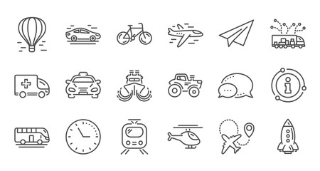 Transport line icons. Taxi, Helicopter and Train. Airplane linear icon set. Quality line set. Vector