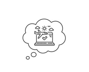 Airplane travel line icon. Chat bubble design. Check in trip sign. Holidays flight transport symbol. Outline concept. Thin line airplane travel icon. Vector