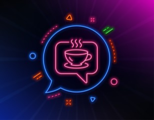 Hot coffee line icon. Neon laser lights. Tea drink sign. Cafe symbol. Glow laser speech bubble. Neon lights chat bubble. Banner badge with coffee icon. Vector