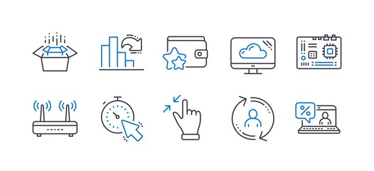 Set of Technology icons, such as Motherboard, Wifi, Cloud storage, User info, Timer, Loyalty program, Decreasing graph, Touchscreen gesture, Packing boxes, Online loan line icons. Vector