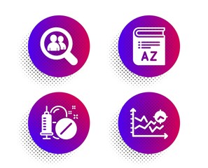 Vocabulary, Search employees and Medical drugs icons simple set. Halftone dots button. Seo analysis sign. Book, Staff analysis, Medicine pills. Targeting chart. Science set. Vector