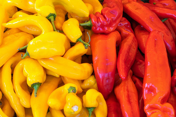 Nahaufnahme von gelben und roten Paprika auf dem Markt