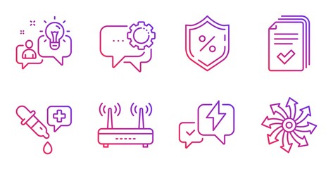 Idea, Loan percent and Wifi line icons set. Handout, Chemistry pipette and Lightning bolt signs. Employees messenger, Versatile symbols. Solution, Protection shield. Technology set. Vector