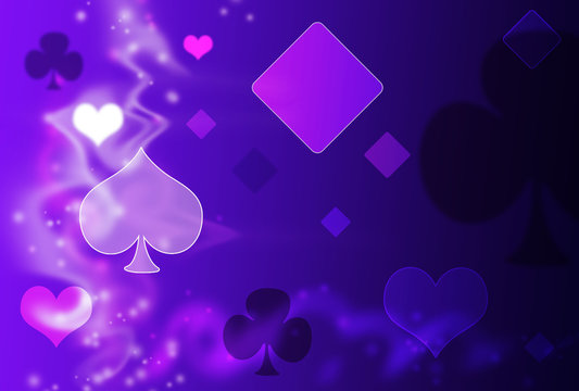 Blue and purple background playing card symbols.