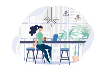 Advertising Poster Panoramic Window in Office. Banner Distraction and Relaxation in Office. Flyer Girl in Casual Clothes Drinks Coffee During Lunch Break Cartoon,. Vector Illustration.