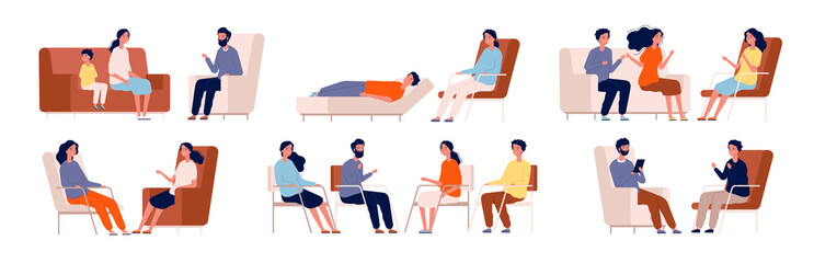 Psychologist. Group therapy couch talking medical consultant sitting family consulting vector characters. Professional psychotherapy talking, psychology counseling illustration