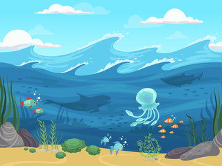 Fototapeta na wymiar Underwater seamless. 2d game water landscape with fishes and algae water plants horizon vector background. Illustration jellyfish in tropical ocean, landscape wild sea life