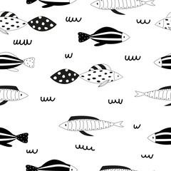 Seamless pattern with cute fish in Scandinavian style. Ideal for printing on children's textiles. Hand-drawn. - 287329354