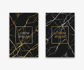 Gold, black, white marble template, artistic covers design, colorful texture, realistic cube, backgrounds. Trendy pattern, graphic poster, geometric brochure, cards. Vector illustration.
