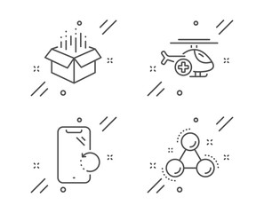 Open box, Medical helicopter and Smartphone recovery line icons set. Chemistry molecule sign. Delivery package, Sky transport, Phone repair. Laboratory atom. Business set. Vector