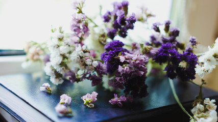 A bouquet of dried violet, pink and white wildflowers lying on the book. Bright flowers lit by sunlight. Soft selective focus, macro flowers. Photo background