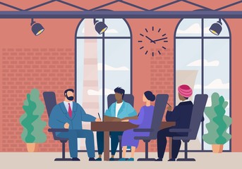 Informative Banner Meeting Leaders Cartoon Flat. Poster Men and Women Sit in Office and Sign Cooperation Agreement. Flyer Meeting Directors and Partners Company. Vector Illustration.