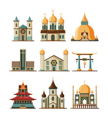 Traditional church. Christian and lutheran religion buildings muslim islamic mosque vector flat pictures. Catholic cathedral, christian and muslim religious church illustration