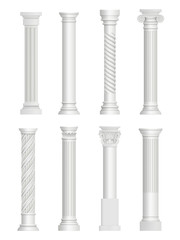 Antique pillars. Baroque column for facade roman architectural style vector realistic collection. Architecture construction, greek antique pillar for building illustration
