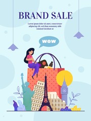 Website Brand Sale Online Store, Landing Web Page. Vector Banner, Poster Admiring Girl, Customer, Sitting Shopping Bag, Cosmetic, Perfume. Famous World Landmarks. Flat Illustration Cartoon Style