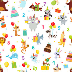 Birthday party cartoon seamless pattern with animals isolated on white.