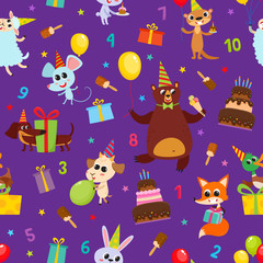 Birthday party cartoon seamless pattern with animals isolated on violet.