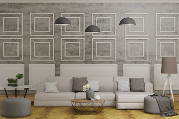 modern interior of a living room, gray concrete wall with panels, design wall, background 3d render