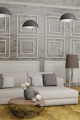 modern interior of a living room, gray concrete wall with panels, design wall, background 3d render vertical