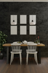 dining room interior with black concrete wall and wooden floor, loft and modern style, 3d background vertical