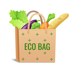 Brown paper or linen eco bag with fresh vegetables, healthy organic food