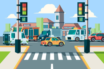 City road traffic. Urban landscape intersection with city cars in street crosswalk with lights vector flat background. Road intersection traffic jamm city crosswalk street illustration