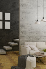 loft and modern living room, concrete wall and wooden floor, 3d mock up background vertical