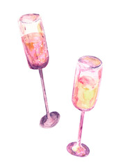 champagne glasses with sparkling rose wine and empty glass. Transparent on background.Glass of a champagne. Picture of a alcoholic drink.Watercolor hand drawn illustration or new year or wedding - 287331745
