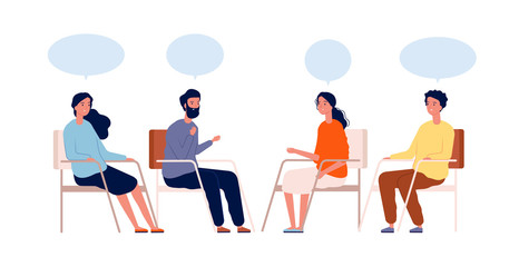 Group therapy. Psychologist sitting help mentor session addiction treatment vector characters. Consultation assistance session, psychiatry group illustration