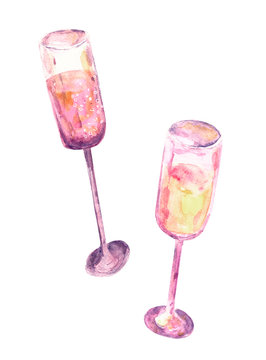 champagne glasses with sparkling rose wine and empty glass. Transparent on background.Glass of a champagne. Picture of a alcoholic drink.Watercolor hand drawn illustration or new year or wedding