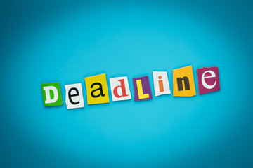 A word writing text - deadline. Colored letters on a blue background. Сaption on card. Banner with colorful inscription. Engraved image.