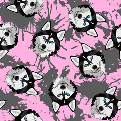 Decorative dog print with husky muzzles and gray paint splashes on pink backdrop.