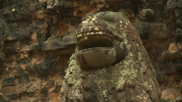 A daylight extreme closeup shot of one of the carved stone lions at the entryway passage of the Khmer ruins of Sambor Prei Kuk located in the north of the city of Kampong Thom of Cambodia. .