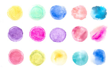 Set of fifteen circles watercolor on white background, hand painted