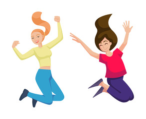 Two girls are jumping people dance. Couple young teen girls jumping laughing, smiling. Happy friends disco company party. Male, female together flying, dancing. Vector cartoon illustration