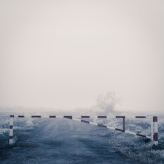 Barrier block abandoned road in foggy autumn field