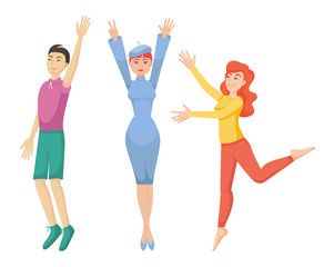 Girls and boys dance, pull their arms up, bounce. Jumping people dance laughing, smiling. Happy friends disco company party. Male, female together flying, dancing. Vector cartoon illustration