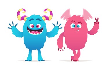 Cute monsters. Cartoon boy and girl monsters vector illustration. Halloween characters. Funny monster and smile, devil halloween character © ONYXprj